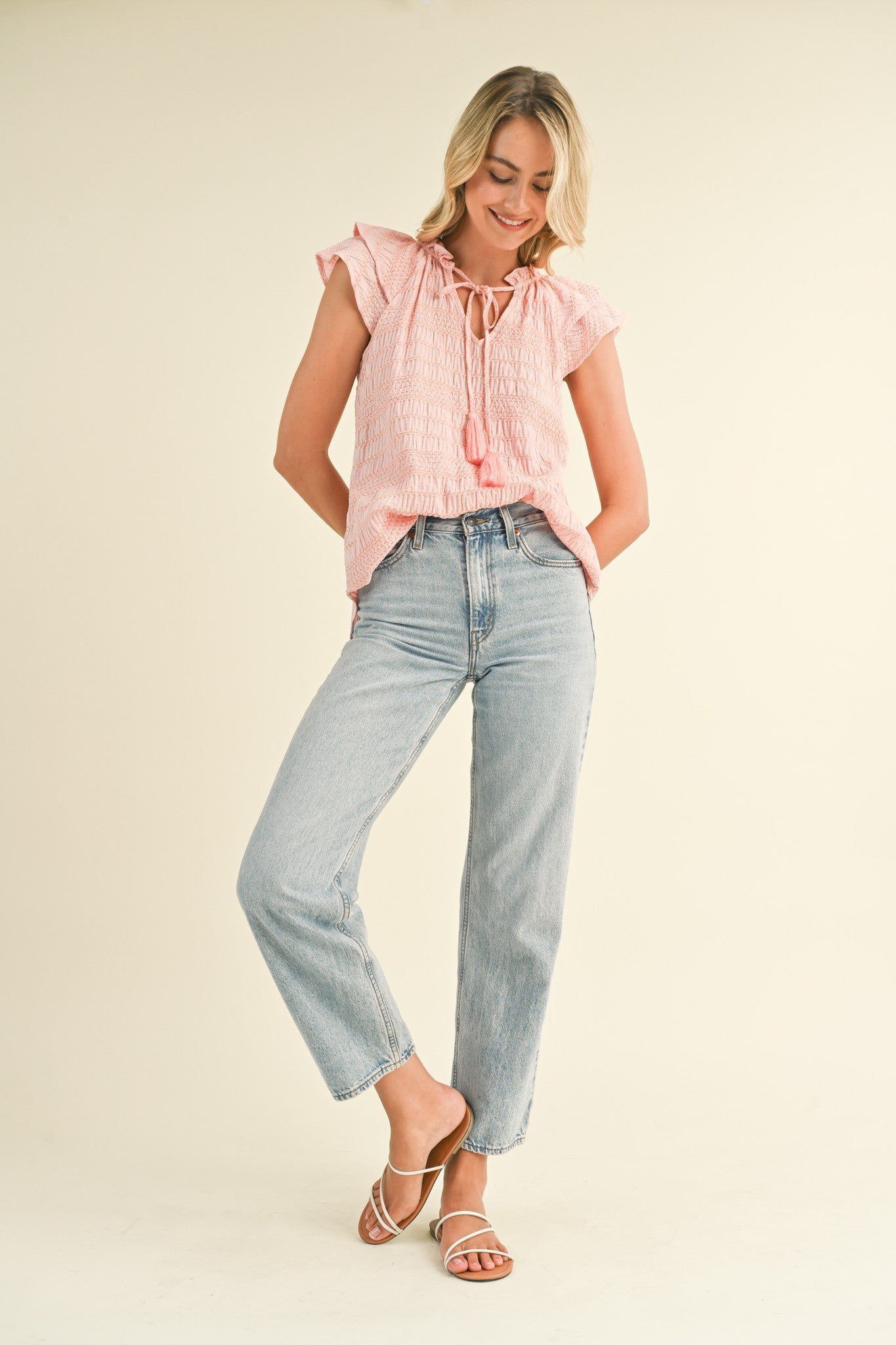 Pink Tie Front Ruffle Sleeve Top