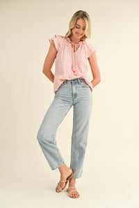 Pink Tie Front Ruffle Sleeve Top