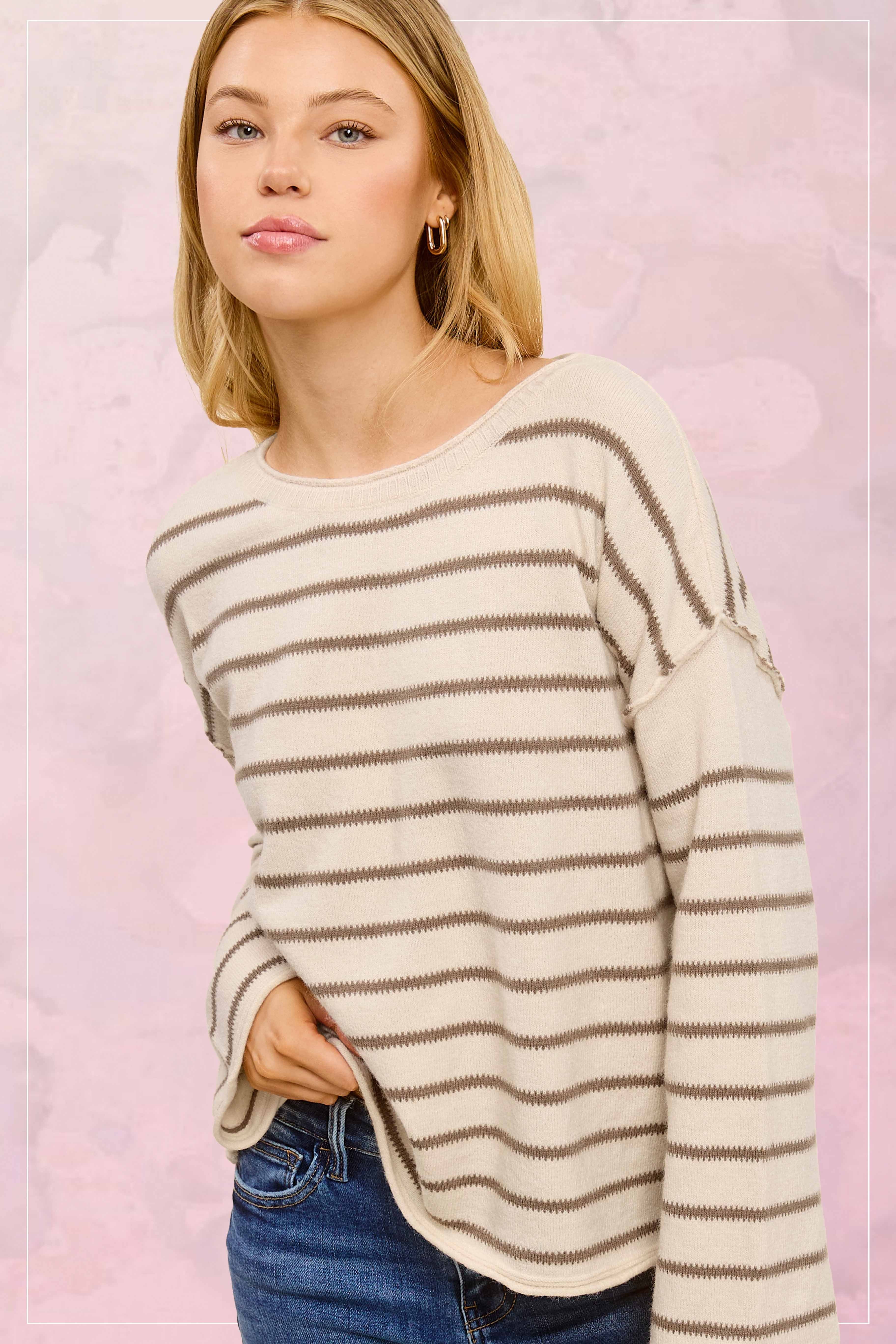 Cappuccino Striped Round Neck Loose Fit Sweater