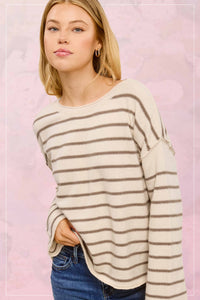 Cappuccino Striped Round Neck Loose Fit Sweater