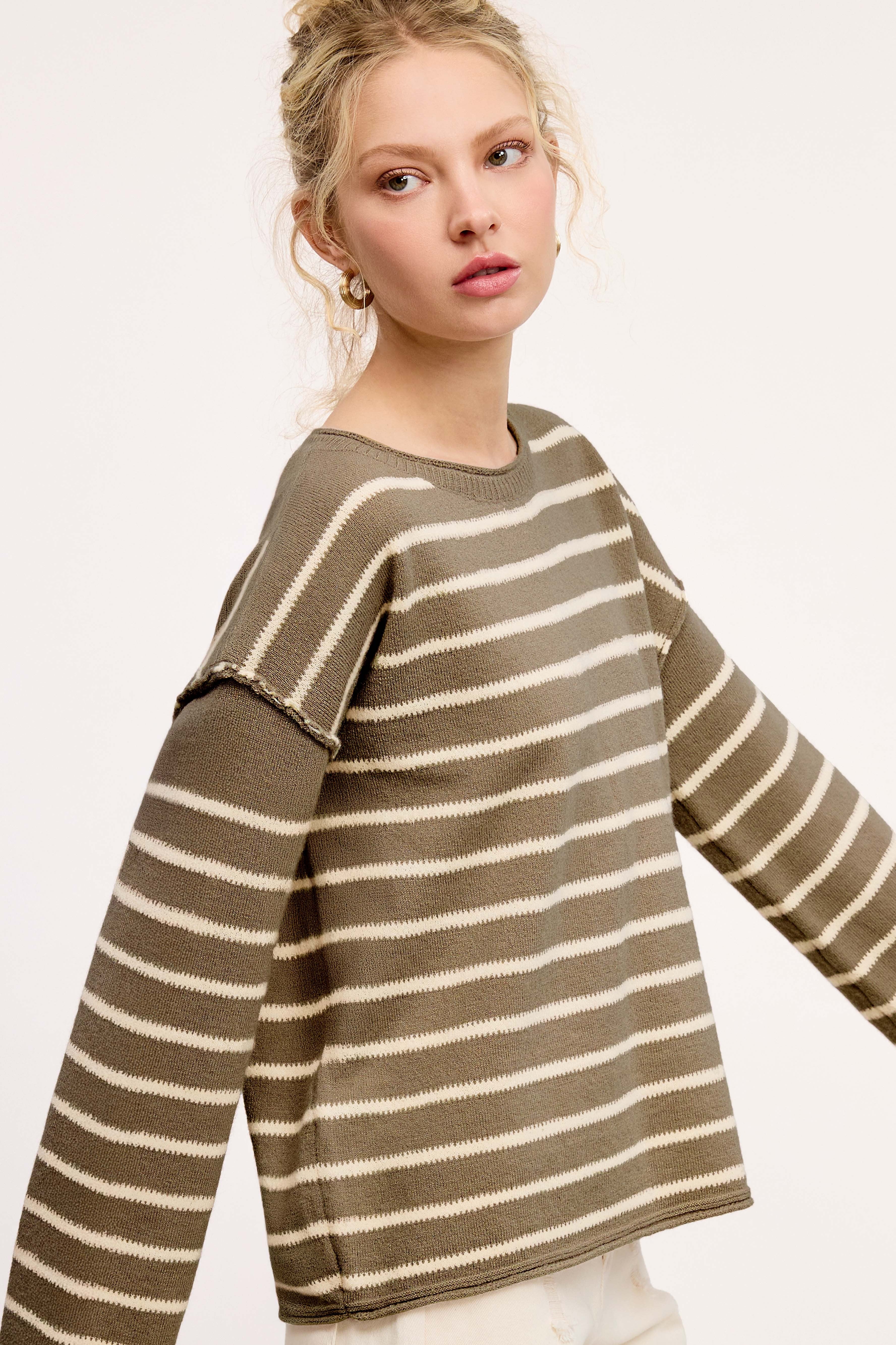 Wheat Striped Round Neck Loose Fit Sweater