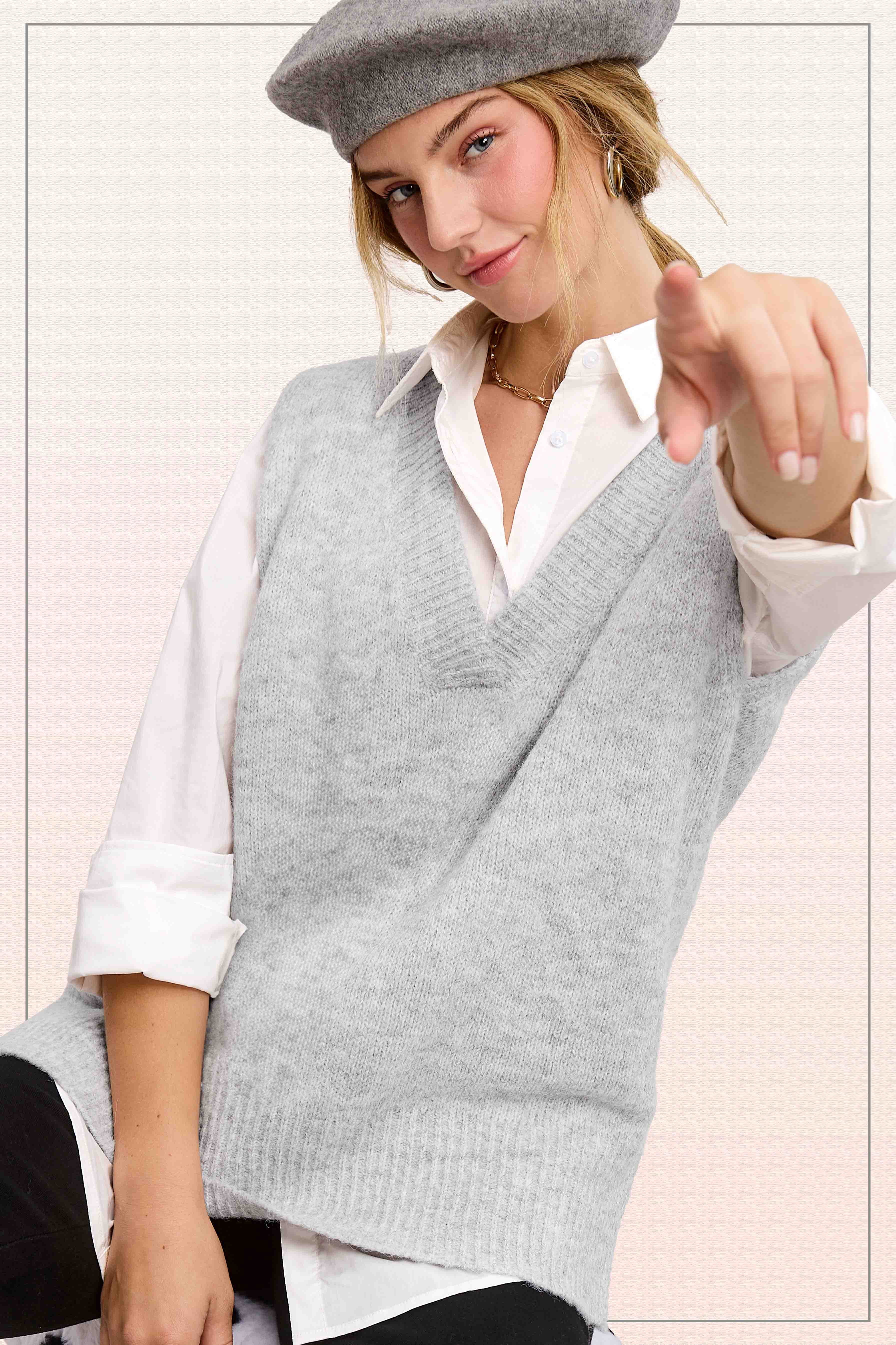 Heather Grey Knit Sweater Vest With Side Slit
