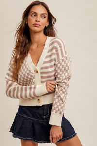 MAUVE STRIPE AND CHECKER MIXED BUTTONS CARDIGAN