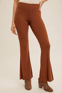 CAMEL CABBAGE HEM RIBBED FLARE PANTS