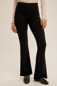 BLACK CABBAGE HEM RIBBED FLARE PANTS