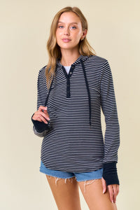 BLACK HENLEY RIBBED HOOD TOP