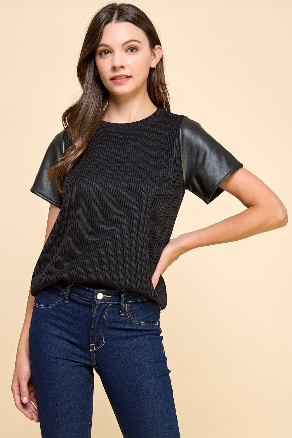 Black Faux Leather Sleeve Top