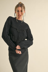 Black Mixed Pointelle Knit Puff Sleeve Sweater