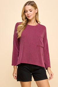 Dark Wine Long Sleeve Solid Ribbed Top