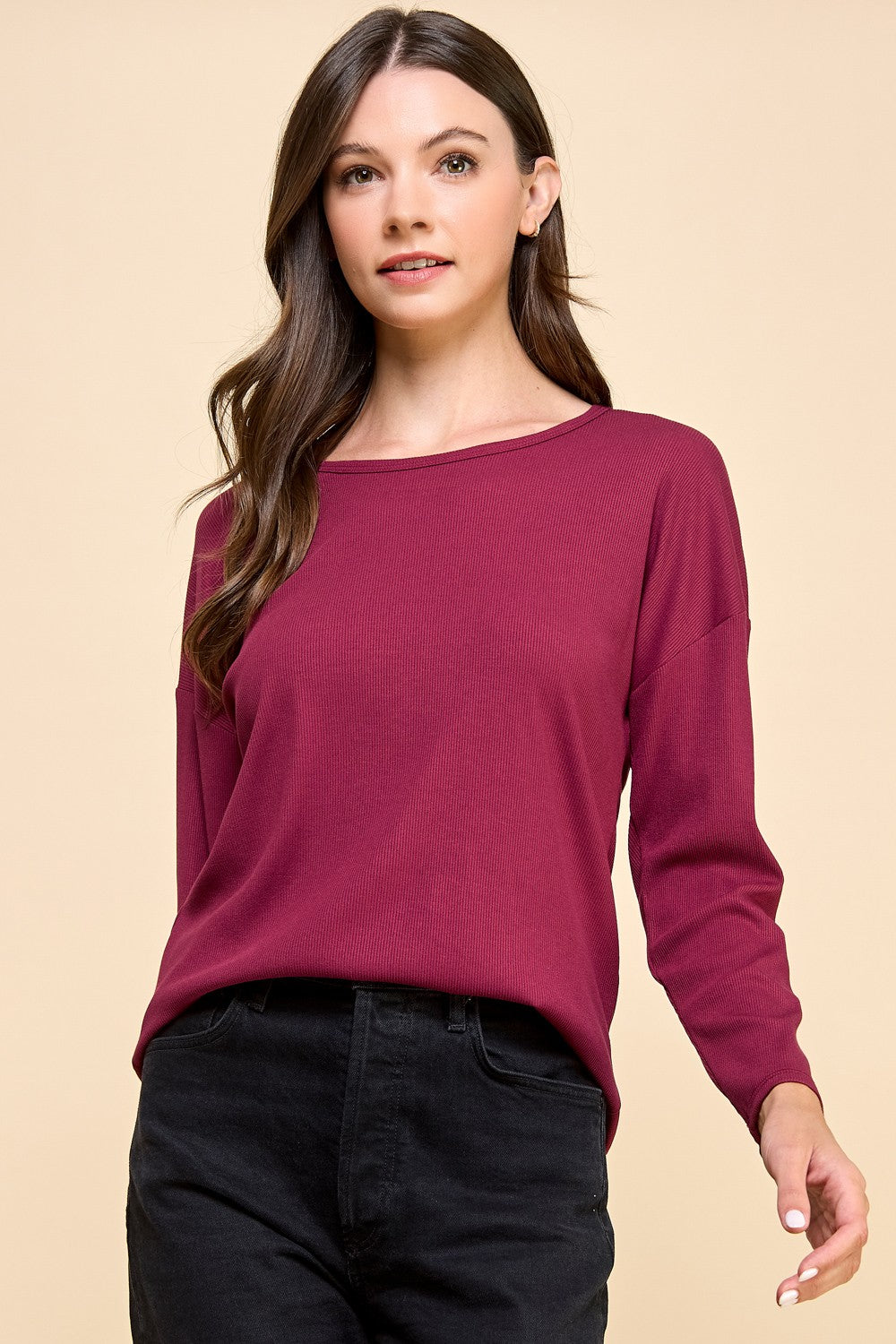 Burgundy Solid Ribbed Long Sleeves Top