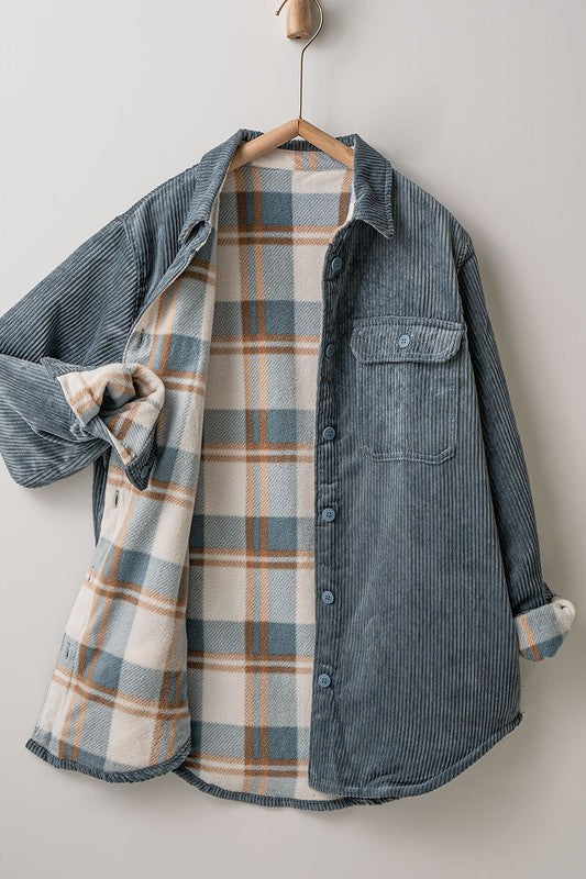 Blue Stone Plaid Lined Corduroy Flannel Shacket