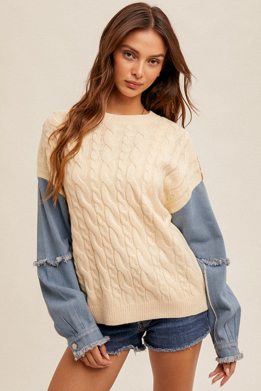 Ivory Sweater with Denim Sleeves