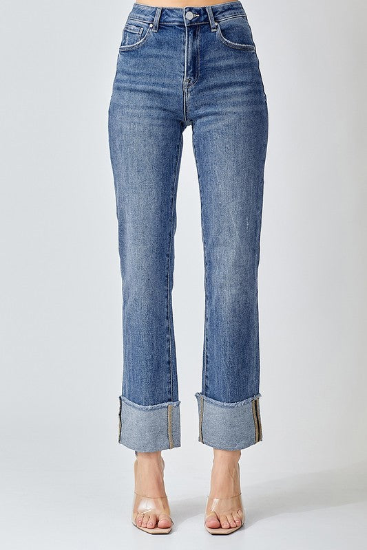 Dark High Rise Straight Cuffed Jeans