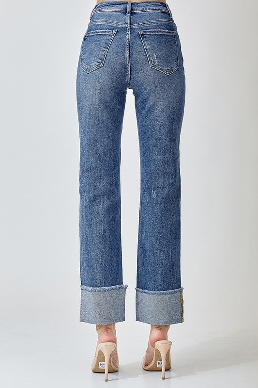 Dark High Rise Straight Cuffed Jeans