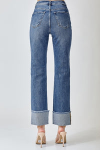 Dark High Rise Straight Cuffed Jeans