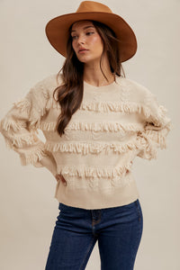 CREAM FRINGE DETAILED SOFT YARN SWEATER