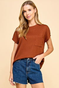 Chestnut Solid Diamond Jacquard Top With Pockets