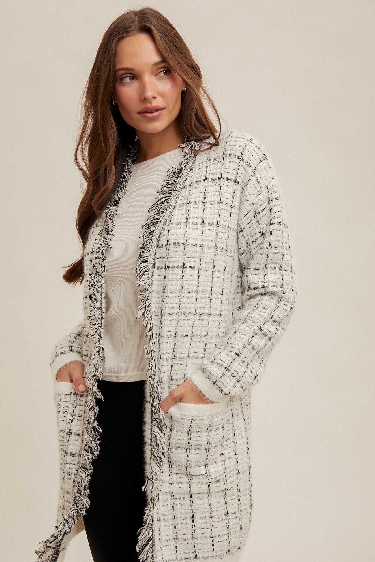 WHITE & BLACK TEXTURED WEAVE CARDIGAN