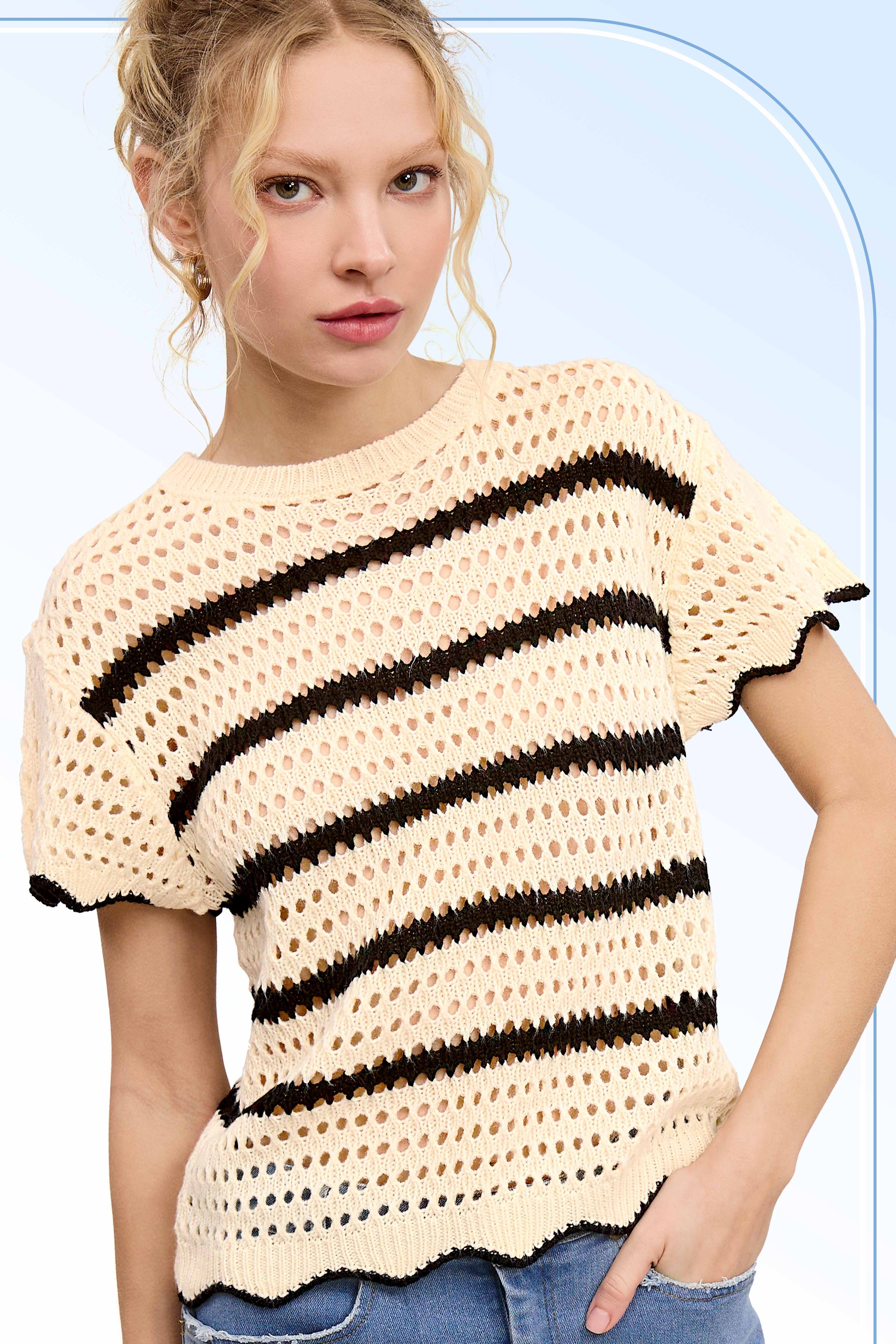 Cookies & Cream Scalloped Edge Short Sleeve Sweater