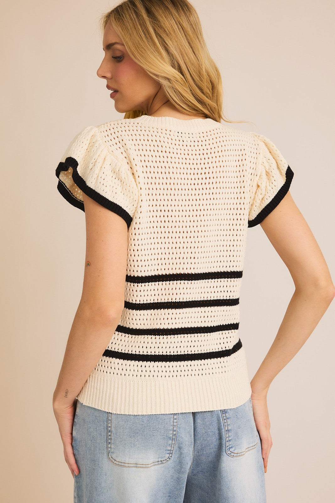 CREAM & BLACK CROCHET KNIT TOP