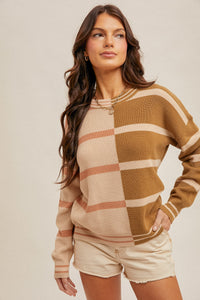 SALMON COLOR BLOCK STRIPE PULLOVER SWEATER