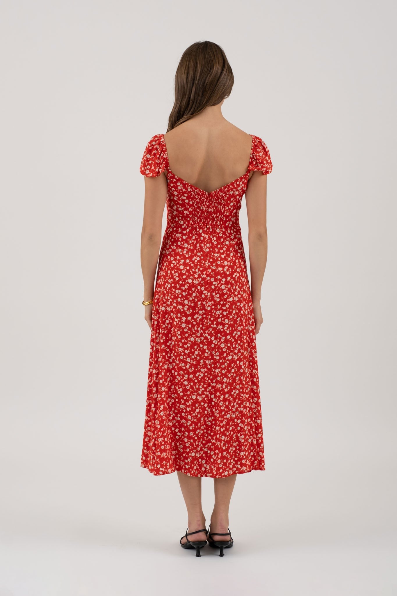 Red Floral Short Sleeve Front Slit Midi Dress