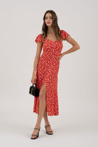Red Floral Short Sleeve Front Slit Midi Dress