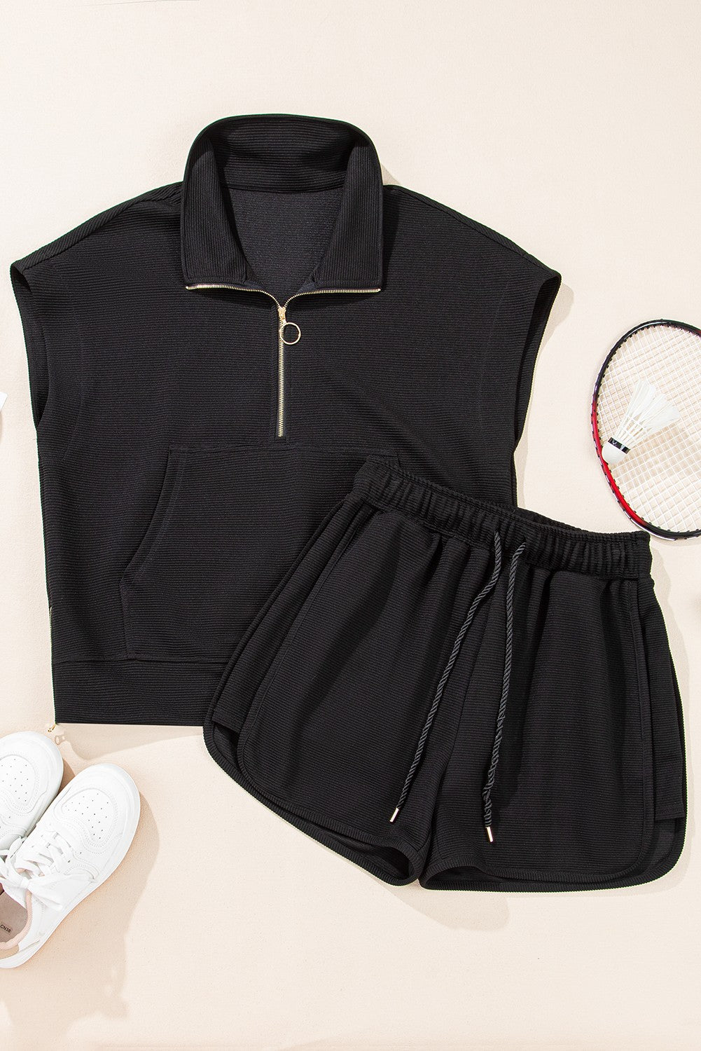 Black Half Zip Top Drawstring Shorts Set