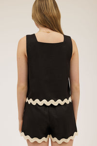 Black Contrast Wavy Hem Sleeveless Top & Short Set