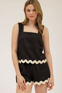 Black Contrast Wavy Hem Sleeveless Top & Short Set