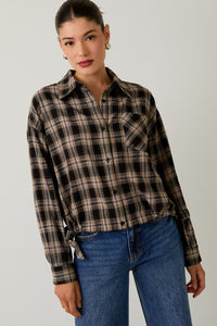 Plaid Side Hem Ruching Button Up Shirt