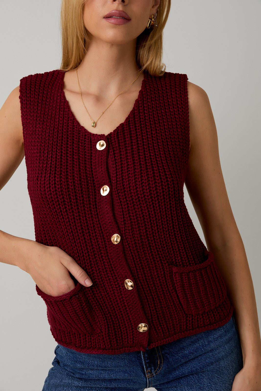 Burgundy Relaxed Button Down Chunky Sweater Vest