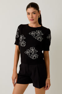 Black Puff Half Sleeve Flower Graphic Sweater