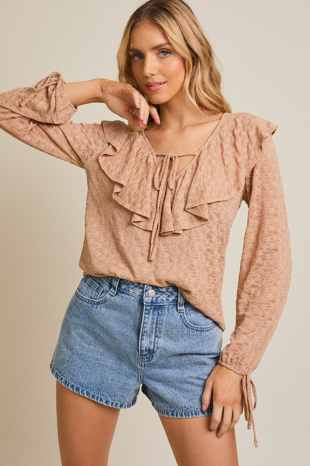 Taupe V-neck Ruffle Detail Front Tie Lace Top