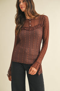 Stretch Lace Ruffle Detail Henley Neck Top