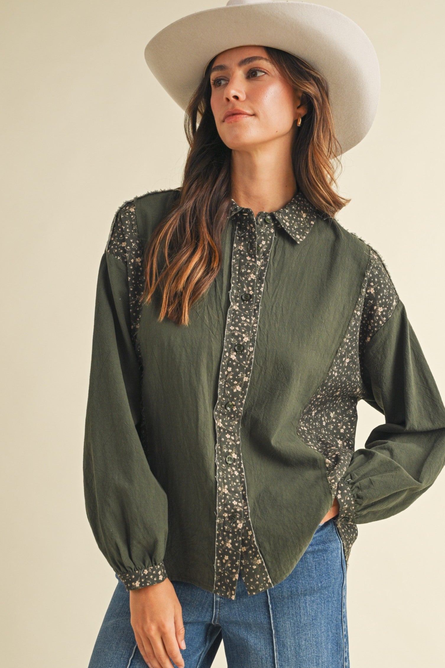 Ditsy Print Mixed Loose Fit Button Down Shirt