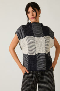 Black & Cream Wide High Neck Wide Shoulder Top
