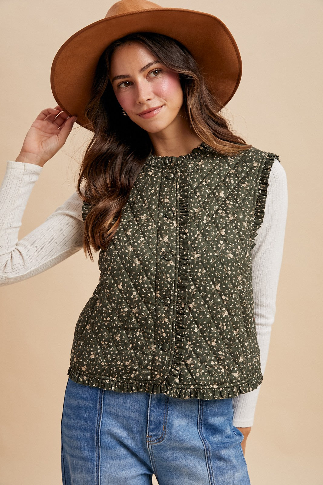 Ditsy Print Ruffle Detail Quilting Vest