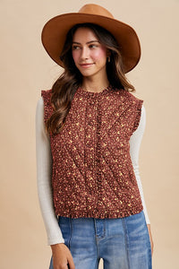 Burgundy Ditsy Print Ruffle Detail Quilting Vest (Copy)