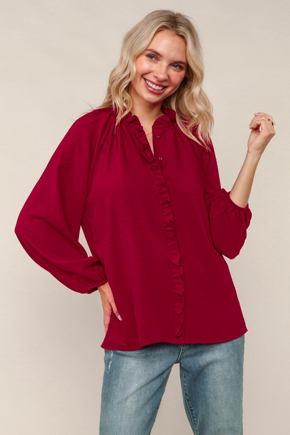Wine Frilled Placket Button Down Solid Blouse