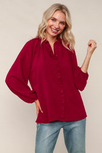 Wine Frilled Placket Button Down Solid Blouse