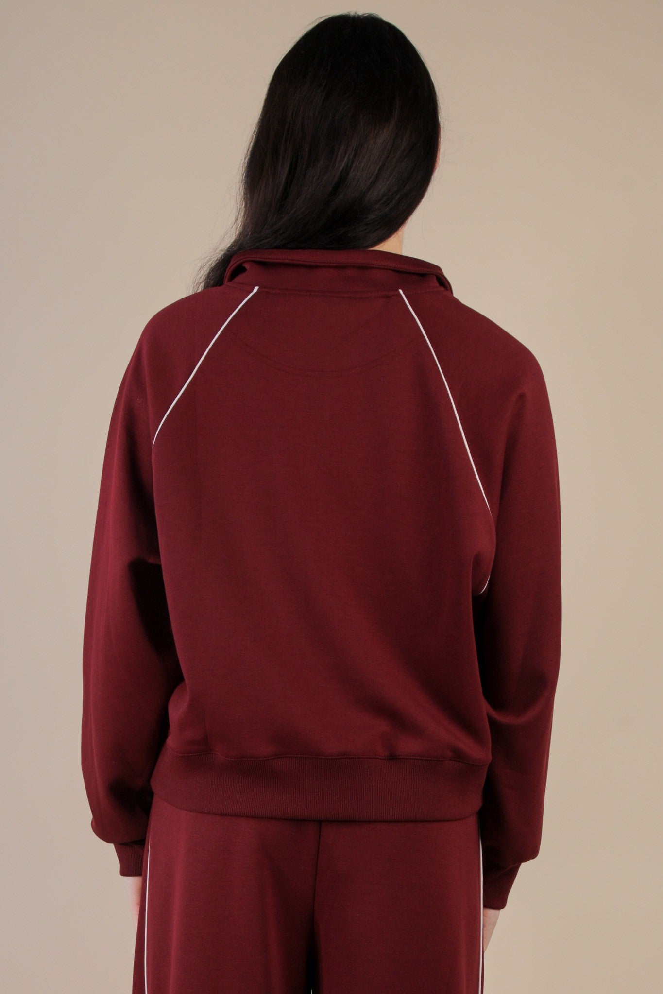 Burgundy Half Zip Up Piping Detail Knit Casual Top