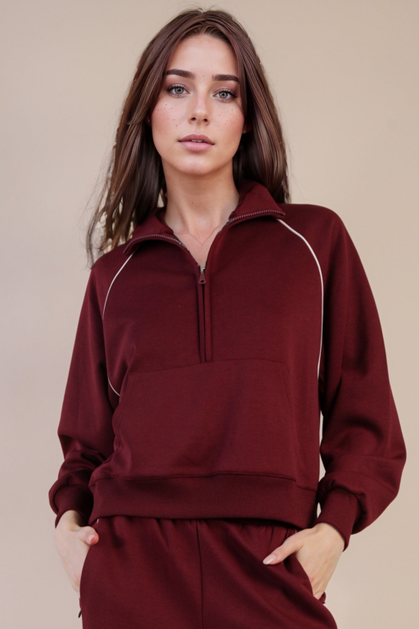Burgundy Half Zip Up Piping Detail Knit Casual Top