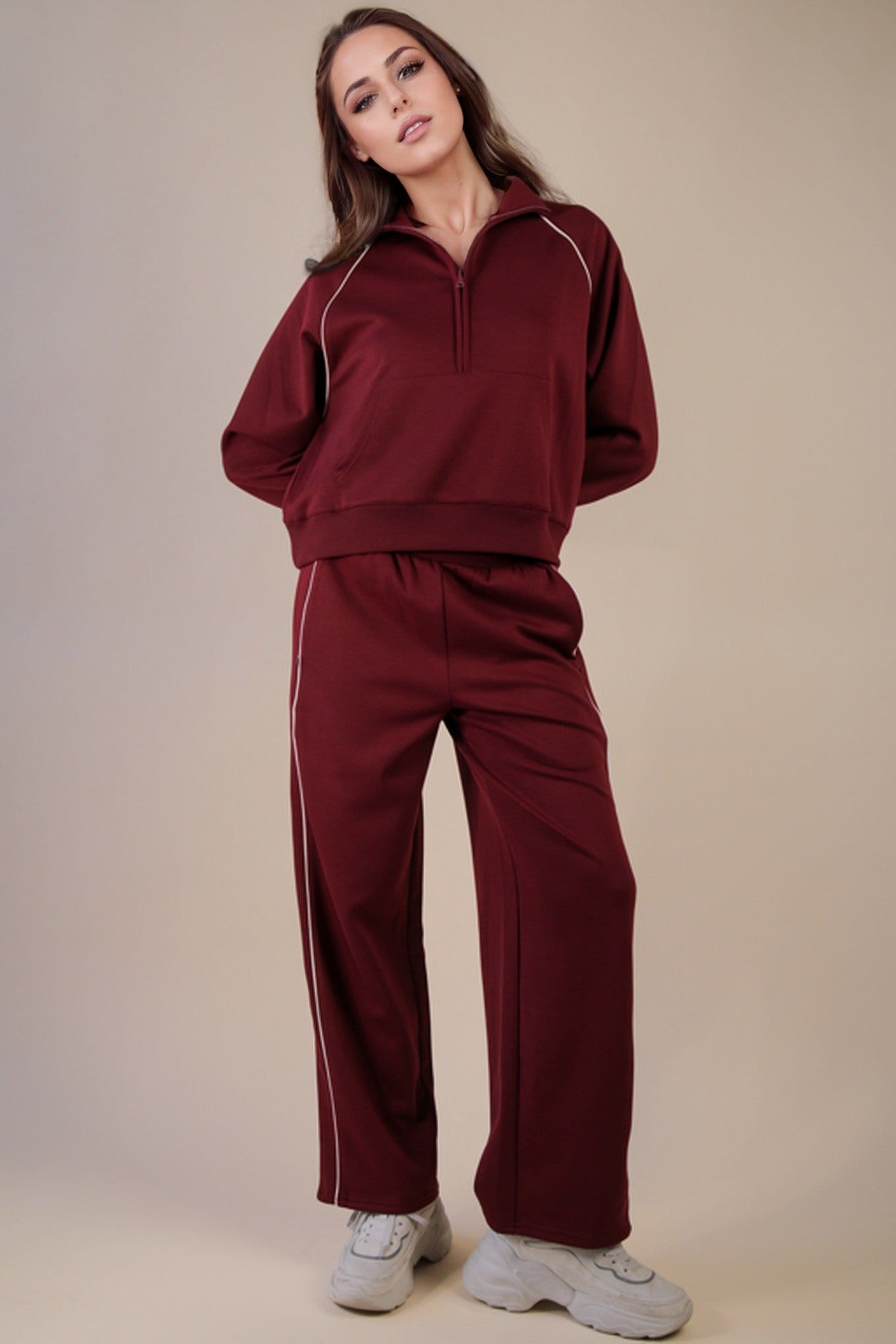 Burgundy Wide Leg Knit Comfy Casual Sweat Pants