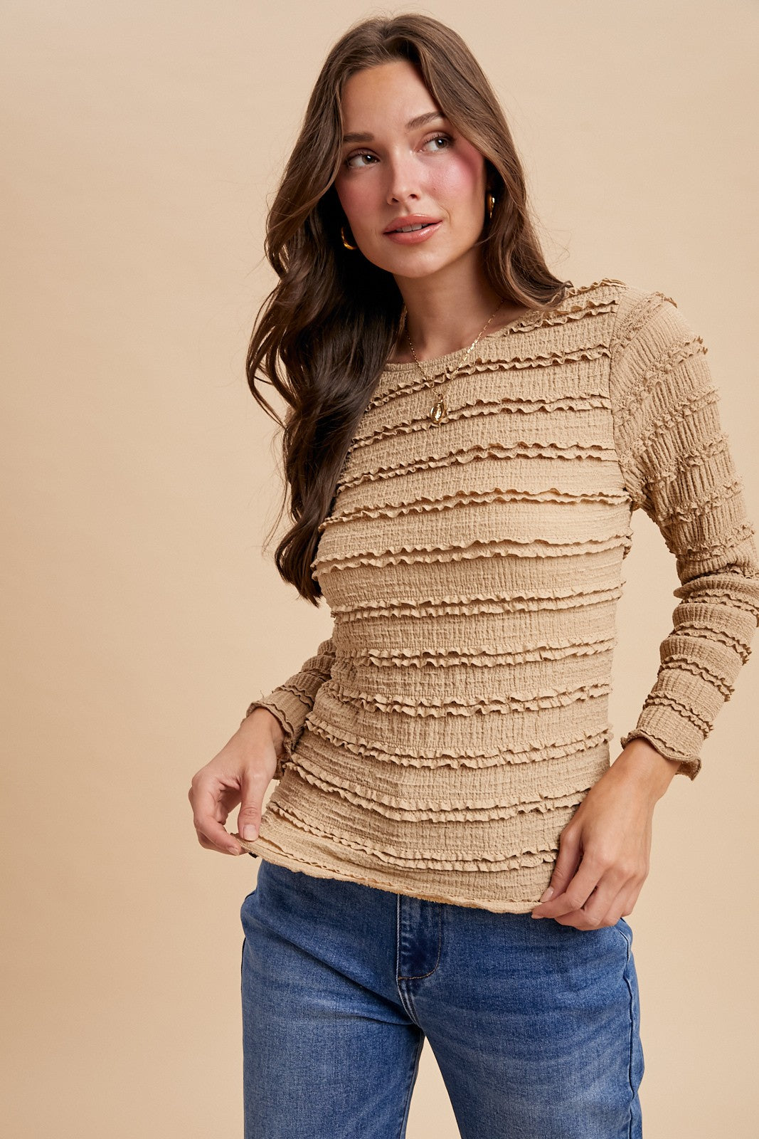 Latte Textured Ruffle Shirred Knit Top