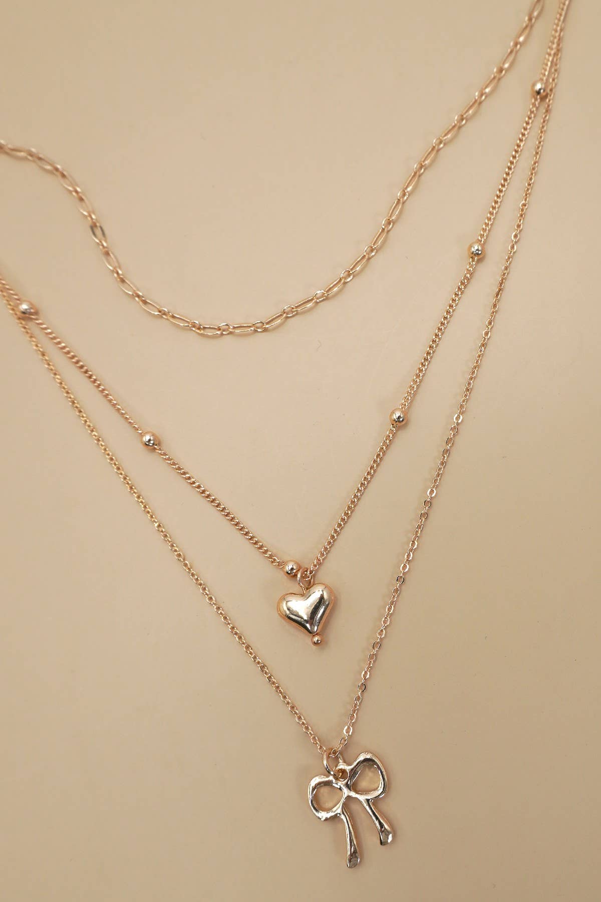 MULTI LAYER BOW HEART CHARM DROP NECKLACE |