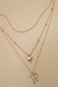MULTI LAYER BOW HEART CHARM DROP NECKLACE |