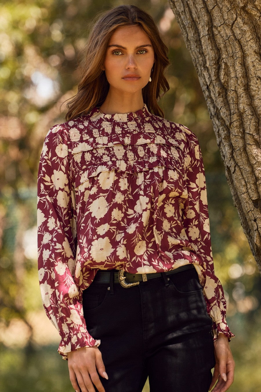 Burgundy High-neck Floral Printed Blouse