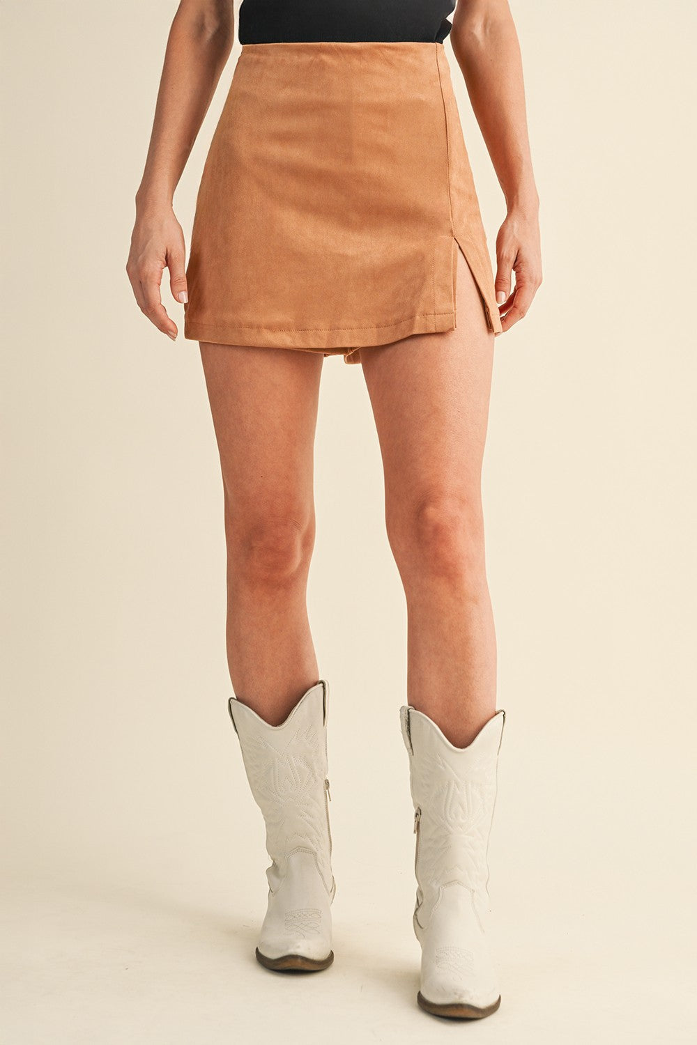 Stretch Faux Suede Side Slit Detail Skort