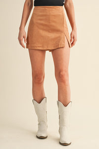 Stretch Faux Suede Side Slit Detail Skort